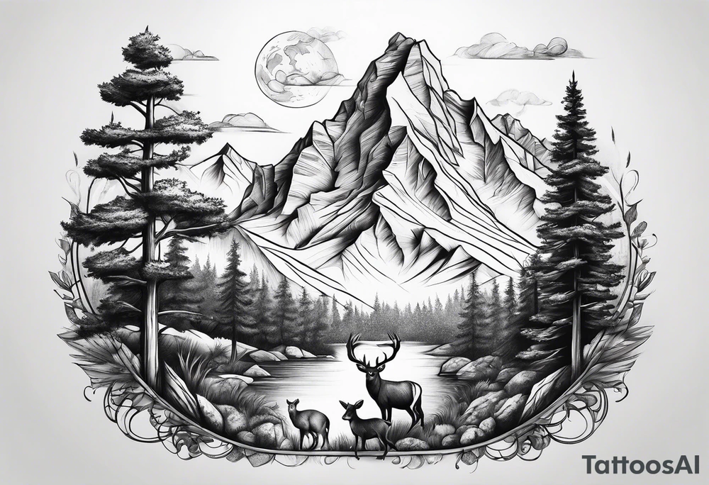 Mountain with trees and animals tattoo idea