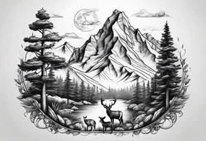 Mountain with trees and animals tattoo idea