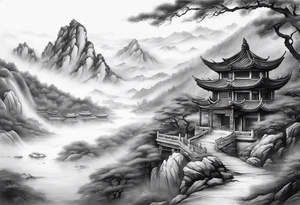 forearm sleeve traditional chinese art painting style autumn mountains mist fog water Chinese temple female with pony tail wearing robes seated meditating far away in the distance tattoo idea