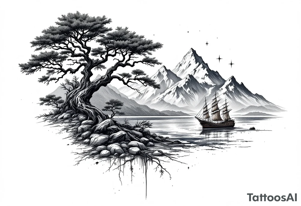 tattoo that has an acacia tree with mountains, ocean with a ship wreck and the northern star tattoo idea
