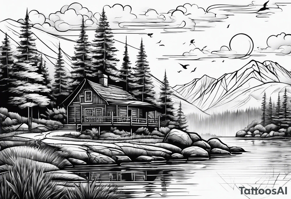landscape and fishingpole and line with hook tattoo idea