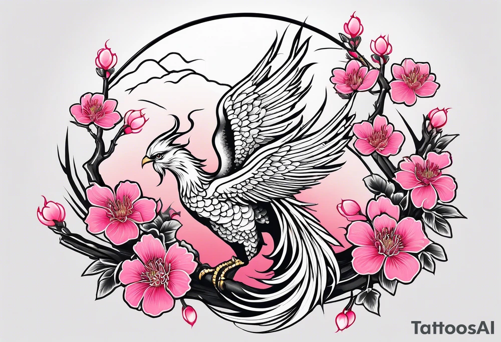 traditional Japanese phoenix and pink cherry blossoms blank background tattoo idea