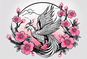 traditional Japanese phoenix and pink cherry blossoms blank background tattoo idea