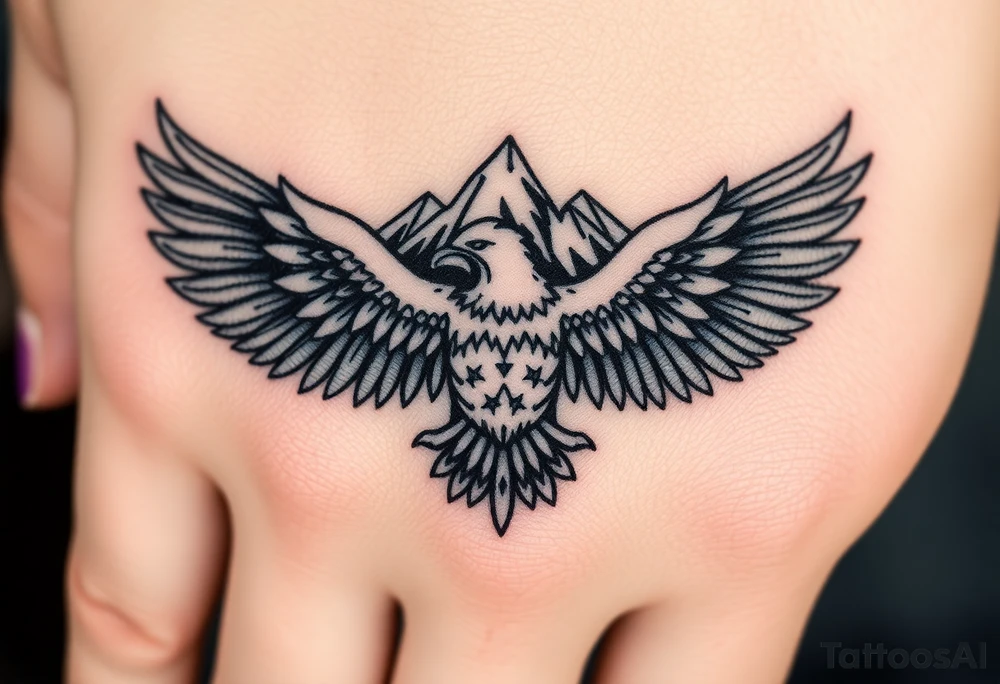 majestic eagle spreading wings against mountain peaks tattoo idea