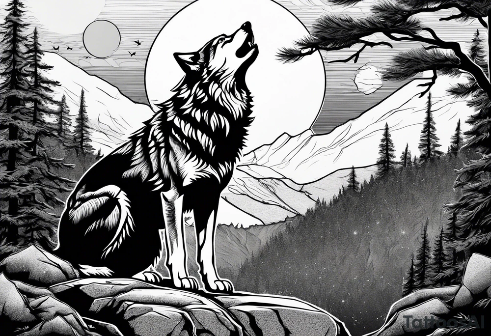 A wolf howling at the full moon on top of a rock surrounded by trees tattoo idea