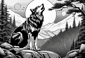 A wolf howling at the full moon on top of a rock surrounded by trees tattoo idea
