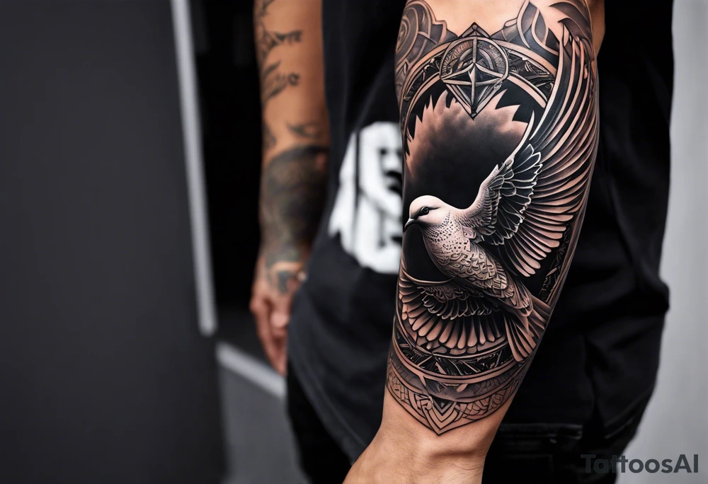 A full tattoo sleeve with a strong, masculine design, featuring a central motif of a majestic dove in flight, symbolizing peace and freedom. The dove is depicted with detailed feathers and dynamic movement, making it the focal point of the sleeve. Positioned subtly yet prominently, an intricately detailed eye within an equilateral triangle is incorporated into the design, representing the all-seeing eye or third eye. This eye is carefully shaded to blend seamlessly with the overall design, providing a symbolic layer without overshadowing the dove. Surrounding these elements, incorporate roses and leaves, rendered with rich, deep shading to create a cohesive and elegant backdrop. The roses, symbolizing beauty and resilience, and the leaves, adding a touch of natural grace, weave around the dove and eye, creating a harmonious and integrated look. The design features bold shading and contrasts, enhancing the details of both the dove and the floral elements, resulting in a powerful and balanced masculine sleeve with a blend of symbolic and artistic depth. tattoo idea
