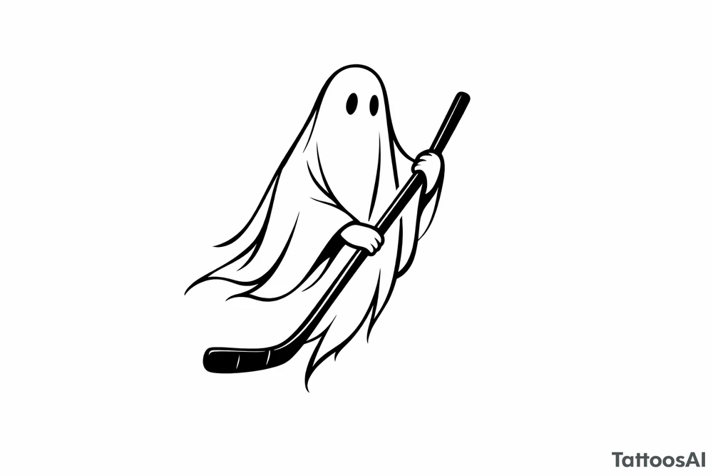 Minimalist silhouette of a ghost holding a hockey stick, black ink. tattoo idea