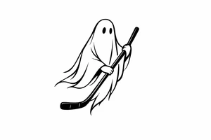 Minimalist silhouette of a ghost holding a hockey stick, black ink. tattoo idea