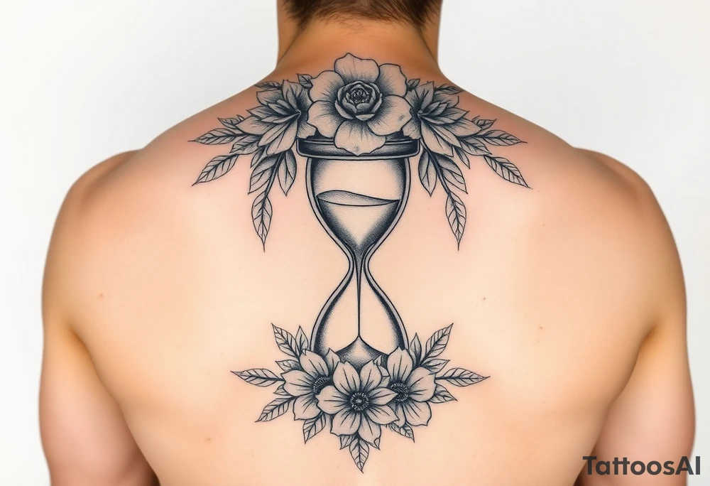 A full back tattoo with soft florals at the top. In the middle, there’s an hourglass. And below it is soft, florals, connecting to the flowers at the top. tattoo idea