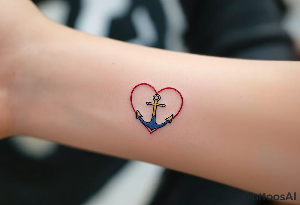 Tiny black font placed within a heart outline in red, with a gold cross on top and a blue anchor below. tattoo idea