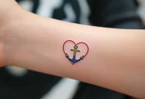 Tiny black font placed within a heart outline in red, with a gold cross on top and a blue anchor below. tattoo idea