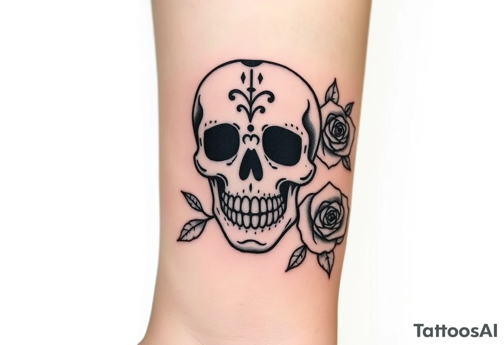 day of the dead skull with hearts and roses tattoo idea