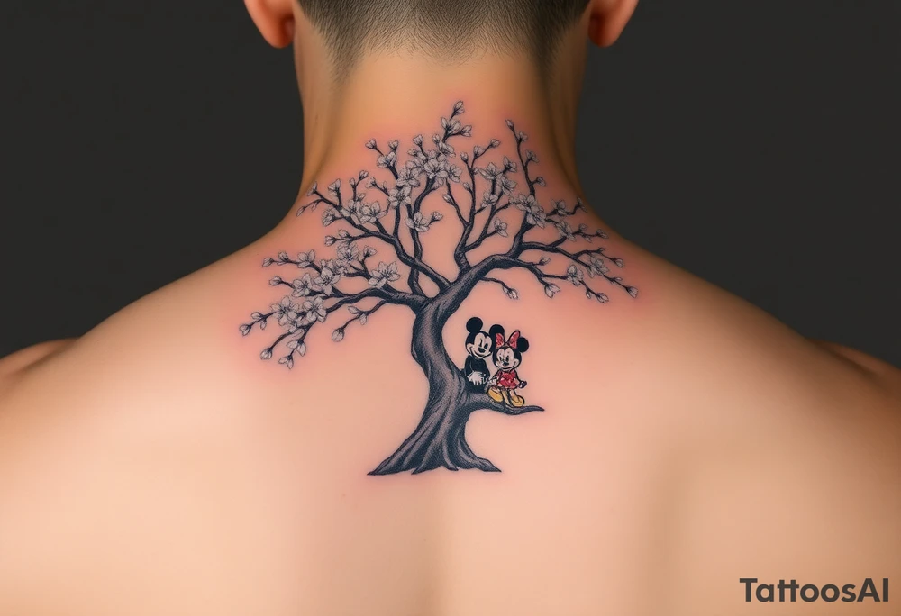 Cherry blossom tree wirh disney characters coming out tattoo idea