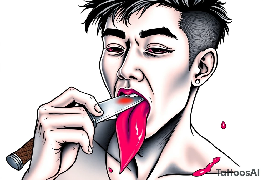 Handsome Asian young guy is licking a ritual knife tattoo idea