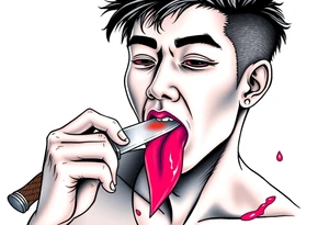 Handsome Asian young guy is licking a ritual knife tattoo idea