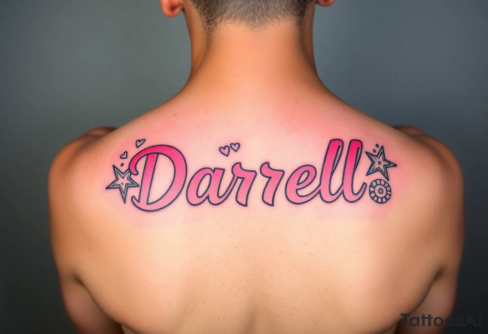 Feminine tattoo, neon colors, "Darrell" with lots of whimsical background tattoo idea