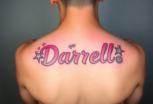 Feminine tattoo, neon colors, "Darrell" with lots of whimsical background tattoo idea