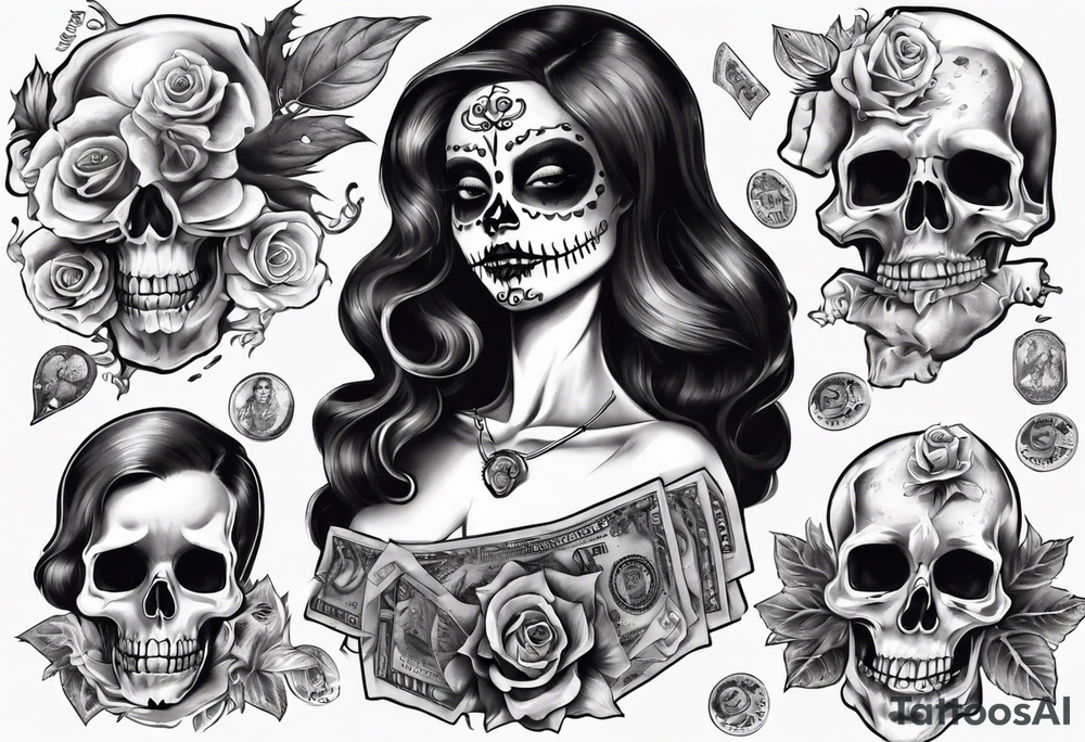 santa la muerta with money tattoo idea