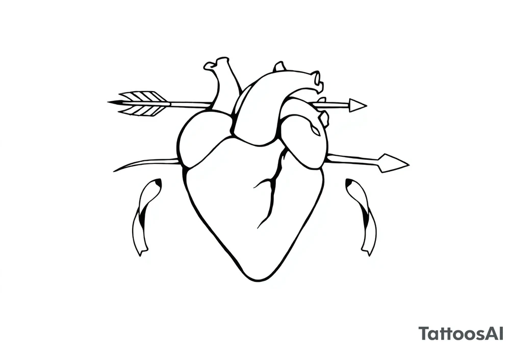 anatomical heart pierced by ornate arrow with flowing ribbons tattoo idea