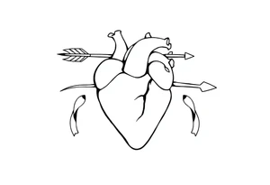 anatomical heart pierced by ornate arrow with flowing ribbons tattoo idea