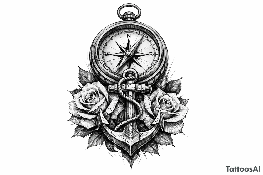 a compass under it an anchor and roses. tattoo idea