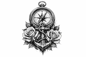 a compass under it an anchor and roses. tattoo idea