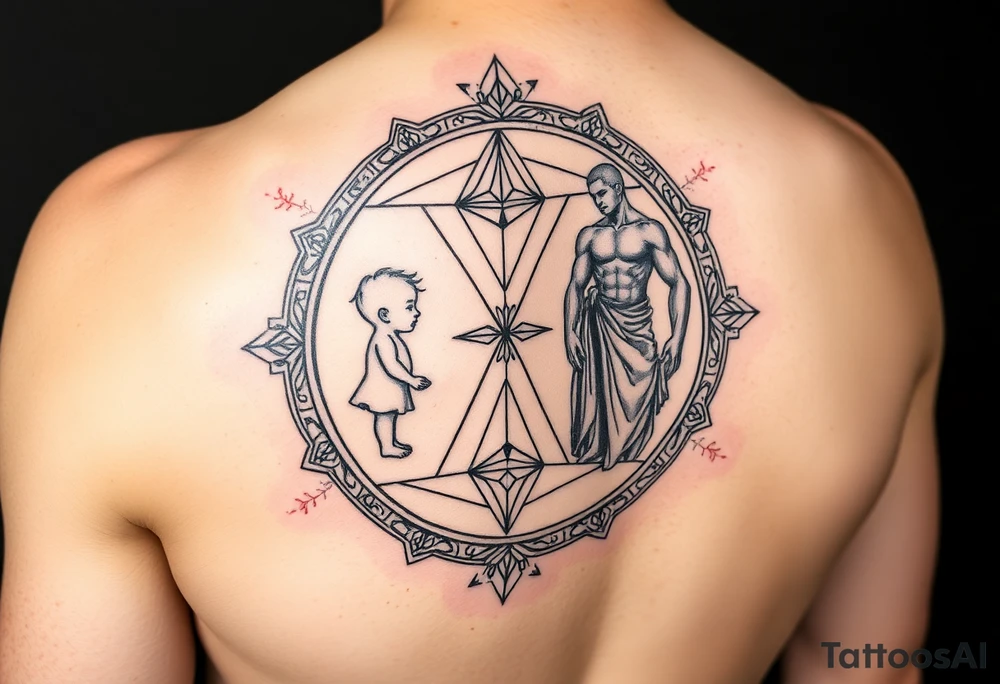Ornate mirror reflecting dual image, left side shows small child silhouette dissolving into geometric patterns that reform as strong adult figure on right side, continuous transformation flow between them, sacred geometry frame, no cracks or breaks, flowing transition showing evolution not separation, black and grey, upper arm tattoo tattoo idea