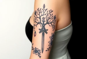 based on the Lord of the rings movies with the tree of Gondor, the Evenstar necklace, the sword Narsil, and flowers tattoo idea
