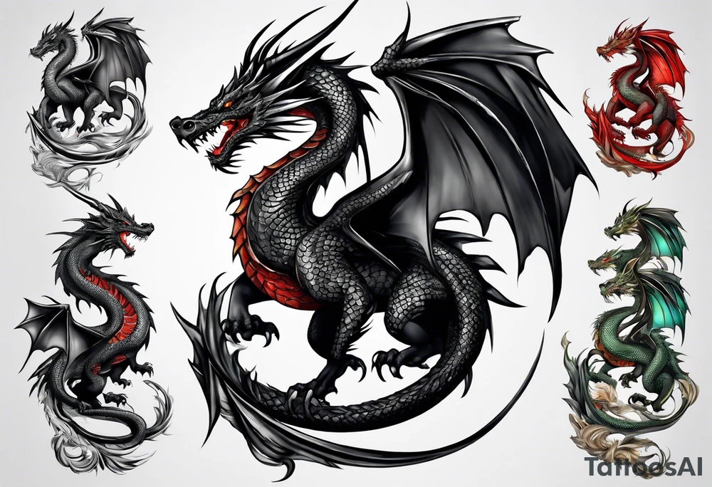 Full body black dragon wrapping around arm tattoo idea