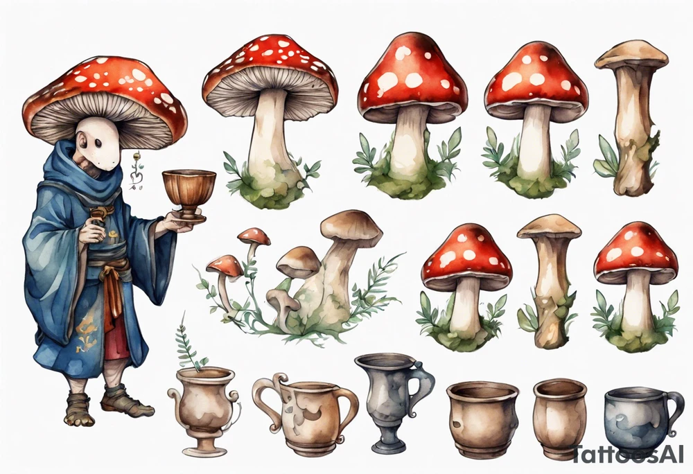 mushroom wearing a medieval tunic drinking from a wood cup tattoo idea