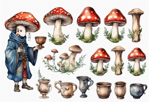 mushroom wearing a medieval tunic drinking from a wood cup tattoo idea