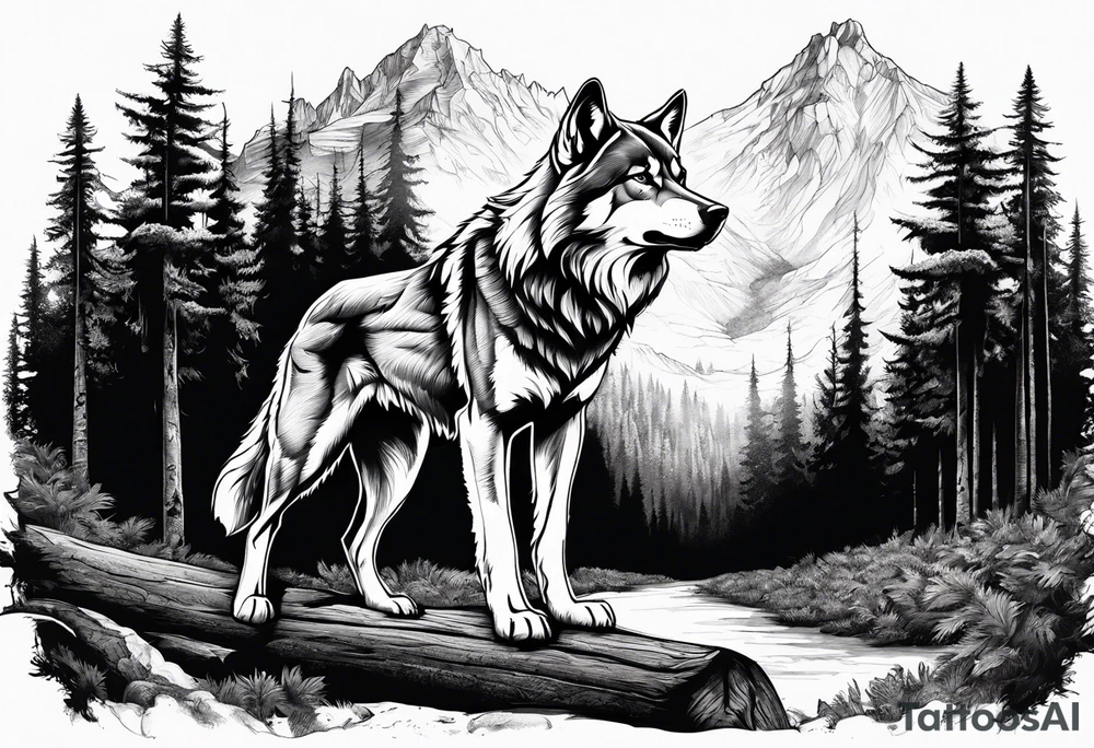 Detailed powerful angry AlphaWolf in Front of a scary forest tattoo idea