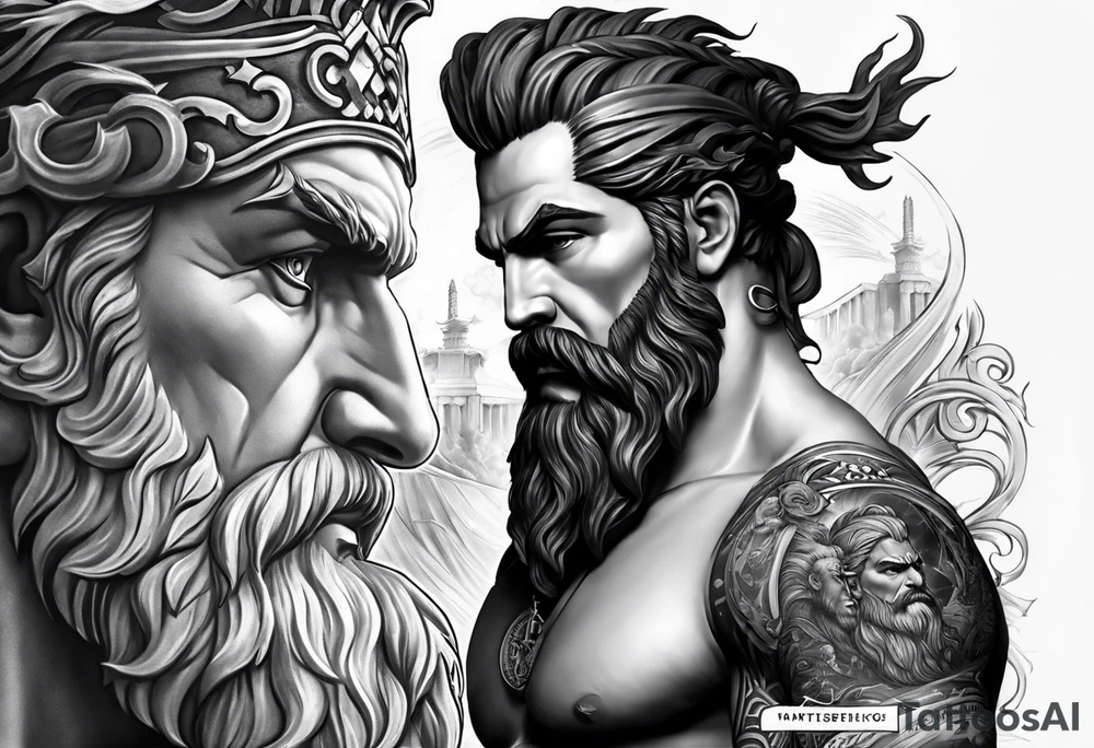 I want half sleeve tatto on the right arm 
With zeus and some thunder from his eyes, some text beside the zeus and  Temple of Olympian Zeus tattoo idea