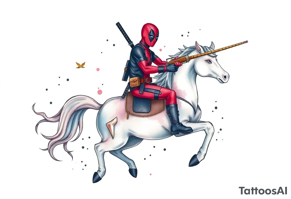 Deadpool riding a unicorn shooting Russian era rpg tattoo idea