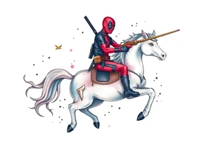 Deadpool riding a unicorn shooting Russian era rpg tattoo idea