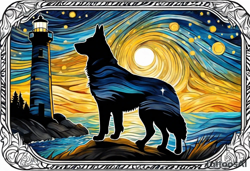A silhouette of a german shephard, and a human male, looking up at a night sky in the style of Van Gogh Starry Night with a lighthouse in the background. Make the image twice as tall as it is wide. tattoo idea