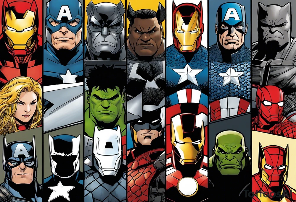 I want to change Avengers Team characters with animals. Hulk will be represented by a Badger.
Thor will be depicted as an Alpha Grey Wolf.
Captain America will be symbolized by a Bull.
Iron Man's character will be embodied by a Canary.
Black Widow's role will be portrayed by an Axolotl.
Hawkeye will be depicted as a Sudan Plated Lizard.
Nick Fury will be represented by a Cat. tattoo idea