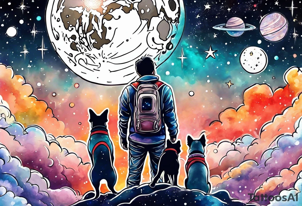 A person and 3 dogs looking up at space tattoo idea