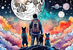 A person and 3 dogs looking up at space tattoo idea