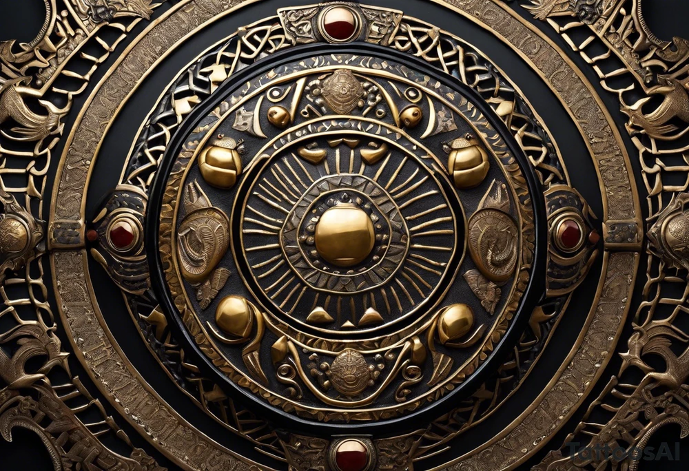 A shield with intricate patterns and engravings, adorned with coiled snakes and scorpions underneath. Rays of light emanate from the shield, signifying spiritual power.Contrast: Bold outlines for the shield and creatures, with detailed patterns.
Detail: Delicately depict the scales of snakes and the segmented bodies of scorpions. tattoo idea