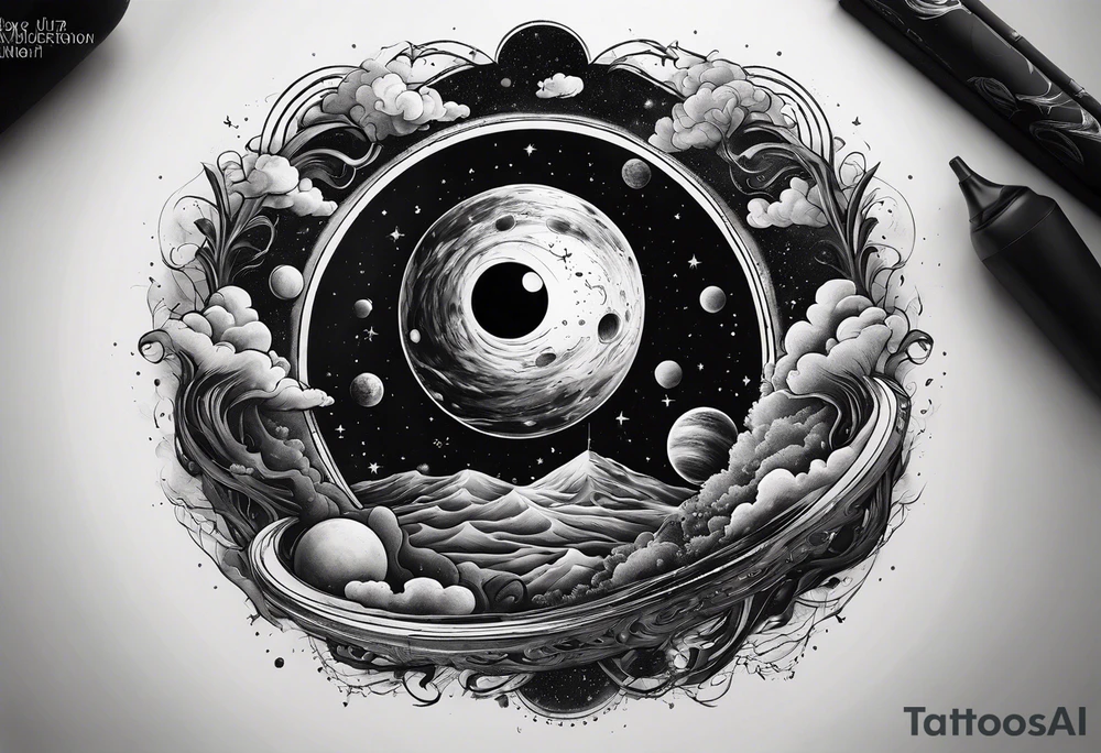A tattoo that represents a black hole devouring planets orbiting around it. tattoo idea