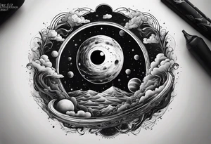A tattoo that represents a black hole devouring planets orbiting around it. tattoo idea