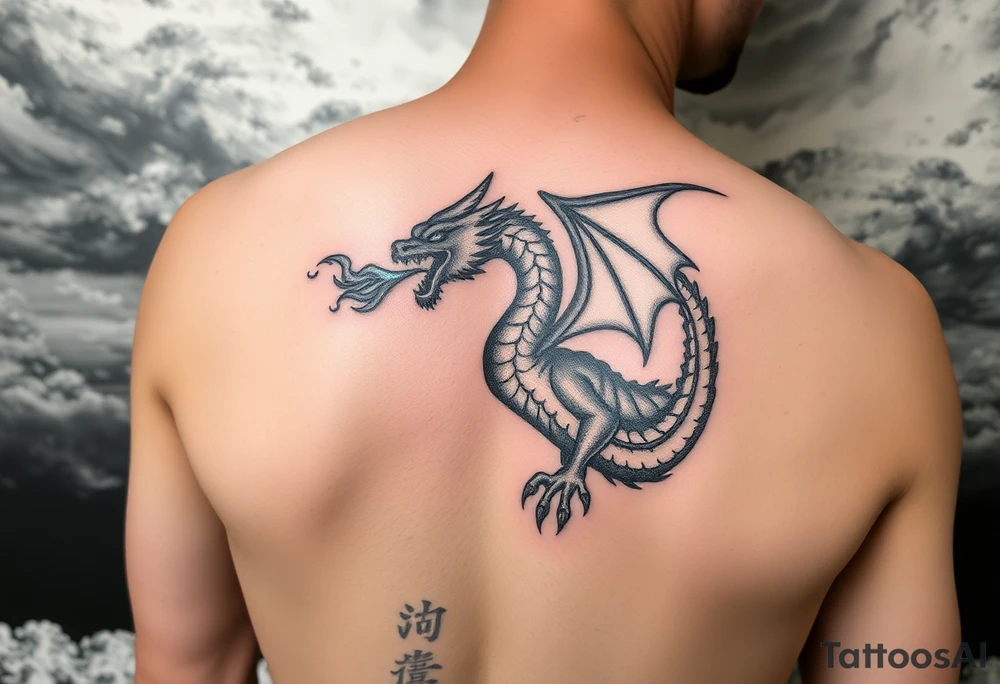 fierce dragon breathing iridescent fire against stormy skies tattoo idea