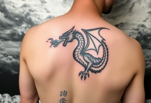 fierce dragon breathing iridescent fire against stormy skies tattoo idea