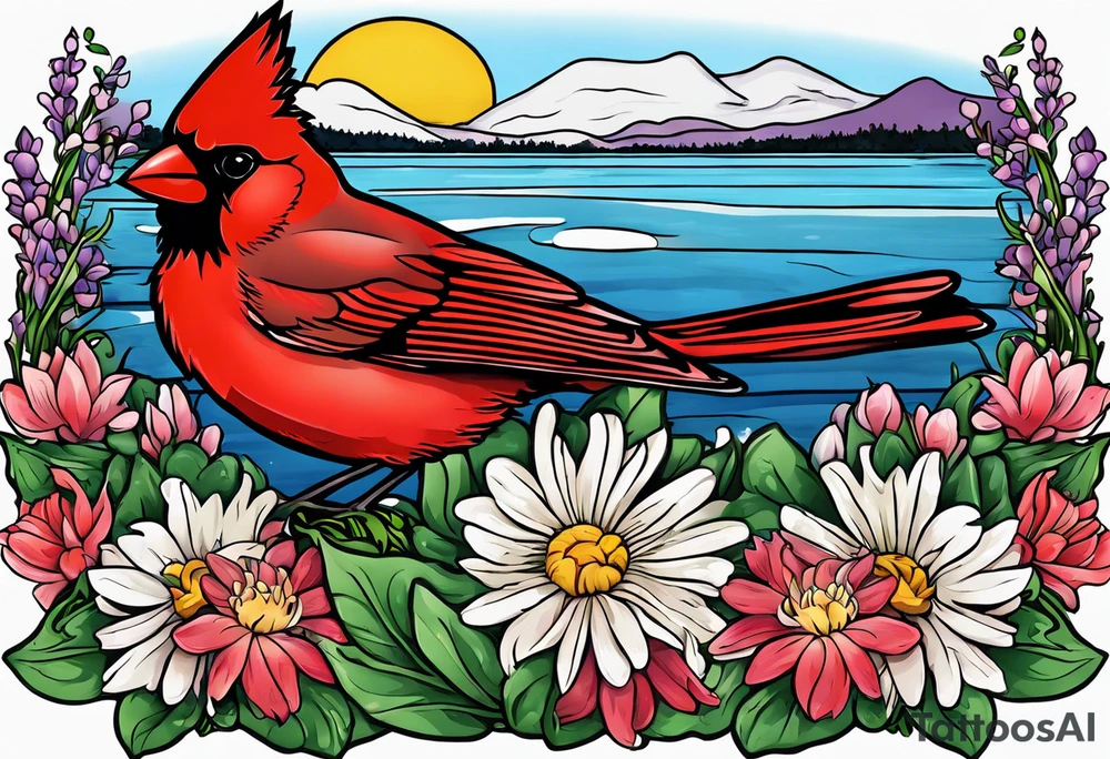 Aster flowers and sea rocket flowers with a cardinal around the words Dad on a small lake tattoo idea