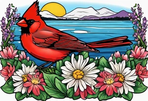 Aster flowers and sea rocket flowers with a cardinal around the words Dad on a small lake tattoo idea