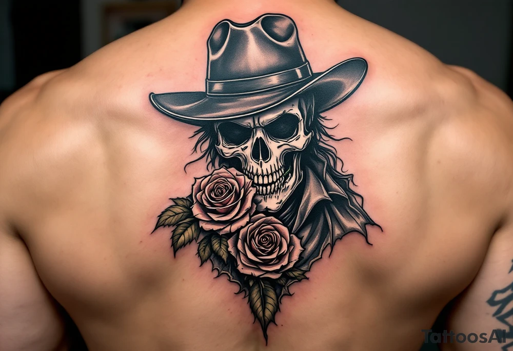 a full body skeleton cowboy gunslinger with a rose in his mouth. tattoo idea