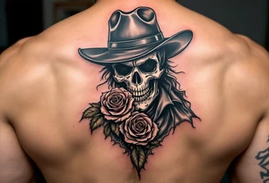 a full body skeleton cowboy gunslinger with a rose in his mouth. tattoo idea