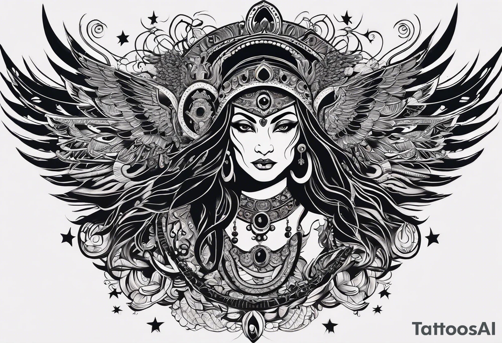 black kali, goddess pirate, alien, angel, pachamama, valkrye, warrior, flying, skull, lotus azul, wing, eagle, zenza resonance, stars, 5D, anahata chakra, death, durga, riding on a tiger, flying lady tattoo idea